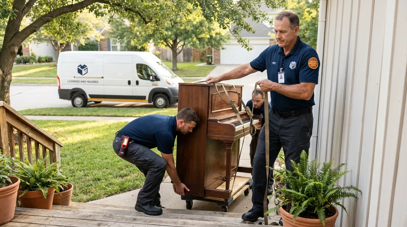 Licensed piano movers securing grand piano in Redfield, SD