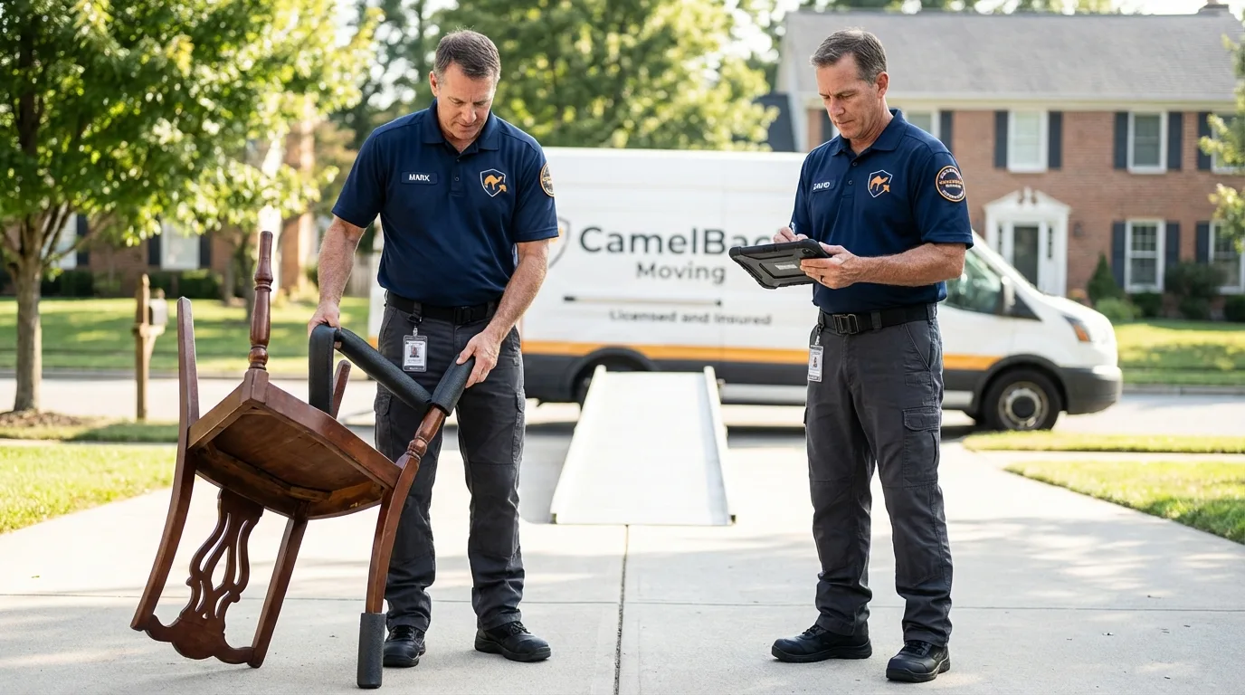 Movers inspecting furniture for damage prevention before loading in Redfield, SD