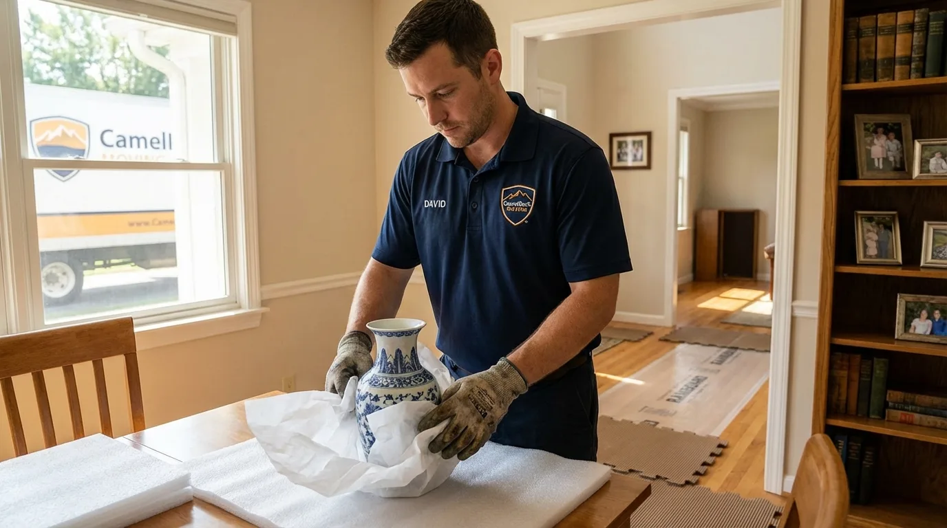 Professional crew carefully wrapping antique vase for senior downsizing move in Redfield, SD